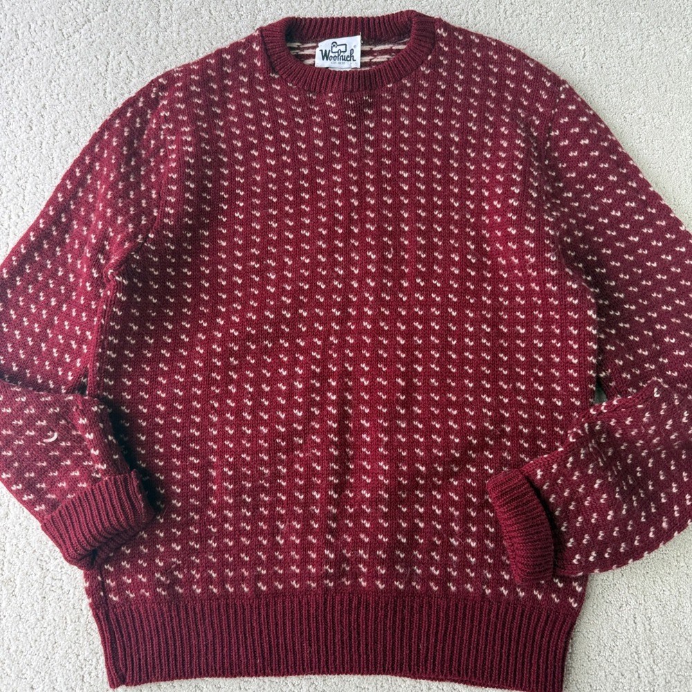 Woolrich Sweater Mens Large Burgundy Vintage Birds Eye Knit 100% Wool USA 9119